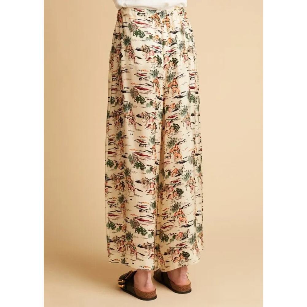 Khaite Phoebe Tiger Toile Pants Ivory Silk Wide Leg Ankle Drawstring Size L - Picture 3 of 11